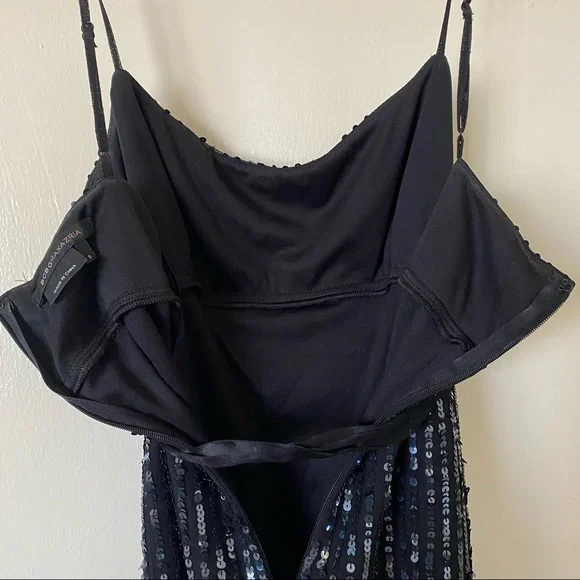 BCBG Maxazria black sequin mini party dress spaghetti strap silk bow Small S - Picture 7 of 8